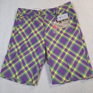 NWT Royal & Awesome Mardi Grass Tartan Loud Golf Shorts Stretch  Mens 38